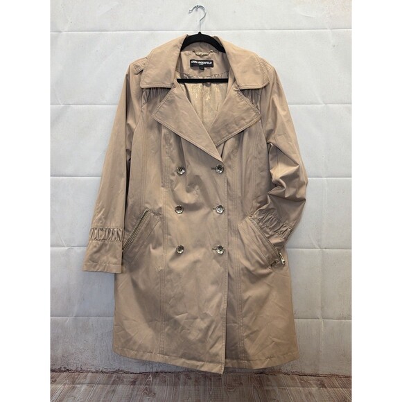 Karl Lagerfeld Jackets & Blazers - Karl Lagerfeld Paris Tan Hooded Trench Coat Double Breasted  LG (flaw)